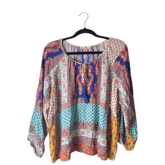Farmer's Market Paisley Patchwork Print Peasant Boho Top - Picture 1 of 9